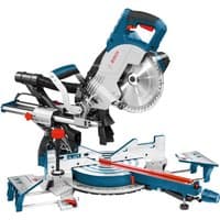 Bosch GCM 8 SJL 216mm sliding mitre saw with blue base, silver blade, and red adjustment knobs.
