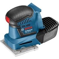 Blue and black Bosch cordless orbital sander with ergonomic grip and dust collection box.
