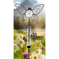 Butterfly shaped thermometer with intricate wings, attached rain gauge, and floral accents on a garden stake.