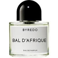 Clear glass bottle with black cap, white label reading "Byredo Bal d' Afrique Eau de Parfum" in bold black text.