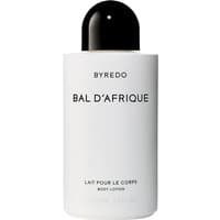 White Byredo Bal d'Afrique body lotion bottle with black cap, minimalist design, 225 ml moisturizing emulsion.
