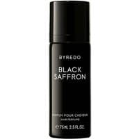 Black Byredo Black Saffron Hair Perfume bottle, 75 ml, with white text and sleek cylindrical design.