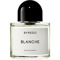 Clear glass bottle of Byredo Blanche Eau de Parfum with black cap and minimalist white label.