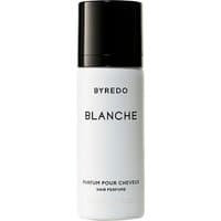 White Byredo Blanche hair perfume bottle with black cap, 75 ml, featuring minimalist black text design.