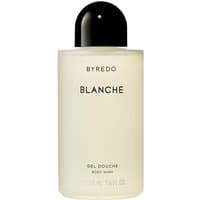 Byredo Blanche Shower Gel 225 ml, clear bottle with black cap, minimalist black text design.