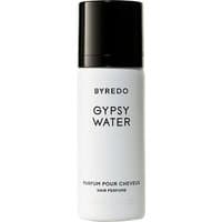 White Byredo Gypsy Water Hair Perfume bottle with black cap, unisex citrus fragrance, 75 ml size.