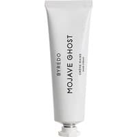 White Byredo Mojave Ghost hand cream tube, black text, 30 ml, silver cap.