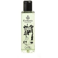 Clear bottle of Carthusia Capri Forget Me Not Shower Gel with black cap and floral label design, 200 ml size.