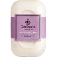 Carthusia Gelsomini soap, 125g, white oval bar with purple label featuring brand logo and product details.