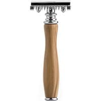 Carthusia safety razor with polished chrome head and smooth wooden handle for all skin types.