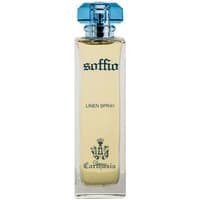 Carthusia Talco Fabric Spray in clear bottle with blue cap and gold liquid, labeled "Soffio Linen Spray."