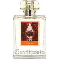 Clear glass bottle of Carthusia Terra Mia Eau de Parfum with a square cap and artistic label.