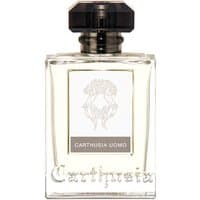 Clear glass bottle with black cap, Carthusia Uomo label, 100 ml men's woody perfume.