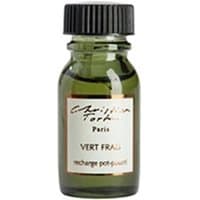 Green glass bottle with black cap, labeled "Christian Tortu Vert Frais Pot Pourri Refill 15 ml" in white and orange text.