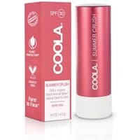 Coola Mineral Liplux SPF30 in dark pink tube with white base, next to matching pink box with product details.