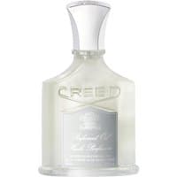 Clear glass bottle with silver cap, embossed "CREED" logo, containing 75 ml of Aventus nourishing body oil.