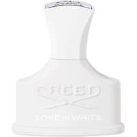 White Creed Love in White perfume bottle, 30 ml, with embossed logo and silver cap, elegant and floral design.