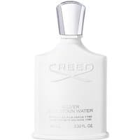White bottle of Creed Silver Mountain Water Eau de Parfum, silver cap, embossed logo, 50 ml men's woody fragrance.