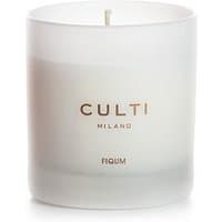Frosted glass jar candle with white wax, labeled "Culti Milano Fiqum," featuring a minimalist design.