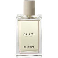 Clear glass bottle of Culti Ode Rosae floral room spray with beige cap and minimalist label design.