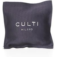 Culti car sachet, dark fabric with white "CULTI MILANO" text, square shape, textured surface.
