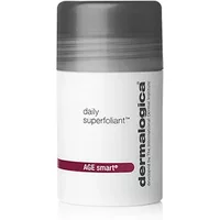 White cylindrical Dermalogica Daily Superfoliant bottle with gray cap and red "AGE smart" label.