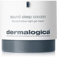 White and gray Dermalogica Sound Sleep Cocoon face cream jar with black text and flip-top lid.