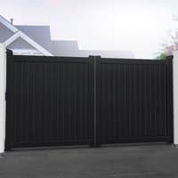 Black Devon Premium Metal Driveway Double Gates with vertical slats and sturdy frame against a driveway background.