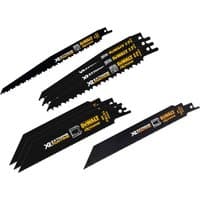 Black DeWalt XR reciprocating saw blade set, 8 pieces, with yellow branding and varied tooth patterns.