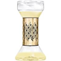 Clear hourglass-shaped diffuser with intricate gold lattice design, containing yellow liquid, 75 ml capacity.