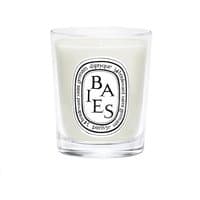 White Diptyque Baies candle in clear glass jar with black logo and text, 70g, fruity scent.