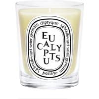 Diptyque Eucalyptus candle in clear glass jar with black and white label, featuring bold lettering.