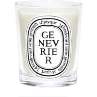 Clear glass Diptyque Genevrier candle with white wax and black text on oval label, featuring woody scent.
