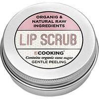Ecooking lip scrub in a silver tin with pink label, featuring organic ingredients and gentle peeling text.
