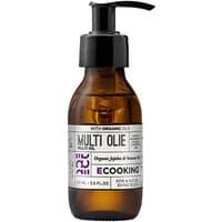 Brown bottle with black pump, labeled "Ecooking Multi Oil 100 ml," featuring anti-blemish body oil text.