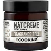 Dark brown jar with white label, "Ecooking Night Cream," black lid, 50 ml, fragrance-free moisturizing face cream.