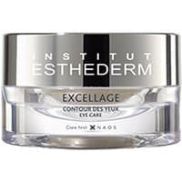 Clear jar of Esthederm Excellage Eye Cream with silver lid and black label detailing.
