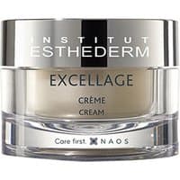 Clear jar with silver lid, labeled "Esthederm Excellage Creme," anti-aging face cream, 50 ml capacity.