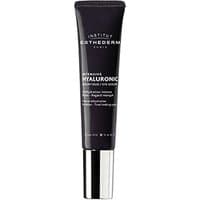 Dark tube of Esthederm Intensive Hyaluronic Eye Serum with silver cap and white text detailing benefits.