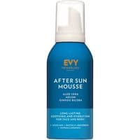 Blue Evy After Sun Mousse bottle, 150 ml, with white pump and orange logo, offers soothing hydration for face and body.
