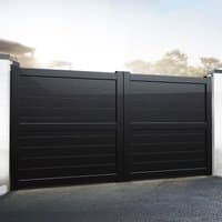 Black Exeter Premium Metal Driveway Double Gates with horizontal slats and sturdy frame, set between white pillars.