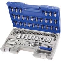 Blue and gray Expert 61-piece socket set with ratchet, extension bars, and various sockets in a molded case.