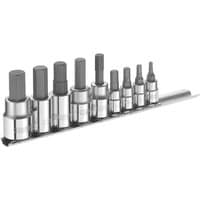 Silver Expert hex bit socket set with 9 pieces on a metal rail, featuring both 1/4 and 3/8 inch drives.