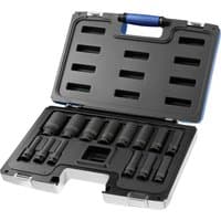 Black Expert 1/2in drive 14 piece deep impact socket set in a sturdy black case with blue handle.