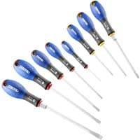 Eight-piece Expert screwdriver set with blue and black ergonomic handles, featuring various flathead and Phillips tips.