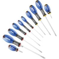Blue and black Expert E160905 10 Piece Screwdriver Set with ergonomic handles and various flathead and Phillips tips.