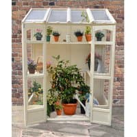 Victorian tall wall greenhouse with cream frame, clear panels, and shelves holding various potted plants.