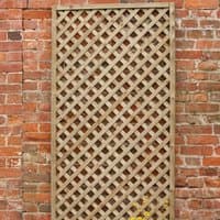 Forest Garden diamond lattice panel, 6'x3', pressure-treated wood, rectangular with crisscross pattern against brick wall.