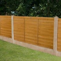 Forest Garden 6' x 3' straight cut overlap fence panel, wooden slats, horizontal alignment, natural finish.
