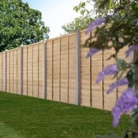 Wooden Forest 6' x 5' Larchlap Signature Fence Panel with horizontal slats and sturdy vertical supports in a garden setting.
